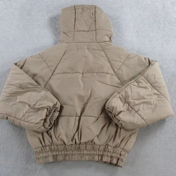 12th Tribe Puffer Jacket Womens S/M Brown Tan Lightweight Hooded Full Zip Coat - Picture 2 of 8
